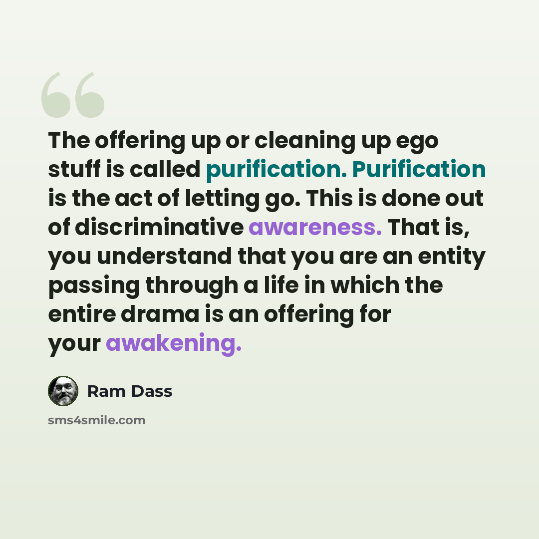 “The offering up or cleaning up ego stuff is called purification. Purification is the act of letting go. This is done out of discriminative awareness. That is, you understand that you are an entity passing through a life in which the entire drama is an offering for your awakening.” quote by Ram Dass
