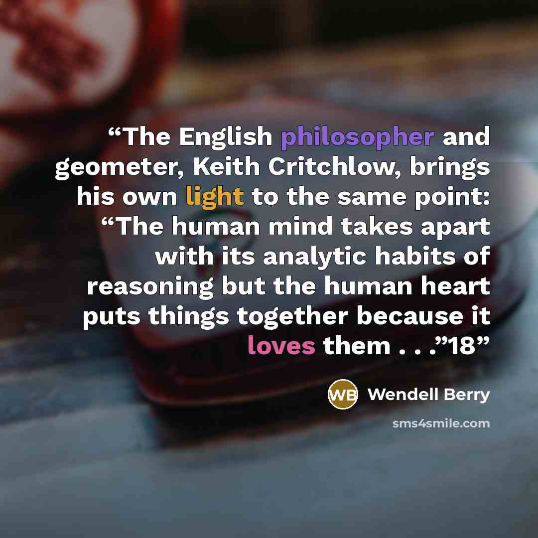 “The English philosopher and geometer, Keith Critchlow, brings his own light to the same point: “The human mind takes apart with its analytic habits of reasoning but the human heart puts things together because it loves them . . .”18” quote by Wendell Berry