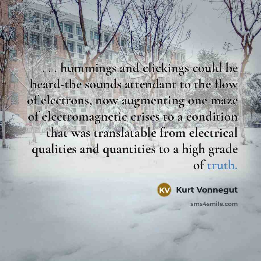 “. . . hummings and clickings could be heard-the sounds attendant to the flow of electrons, now augmenting one maze of electromagnetic crises to a condition that was translatable from electrical qualities and quantities to a high grade of truth.” quote by Kurt Vonnegut