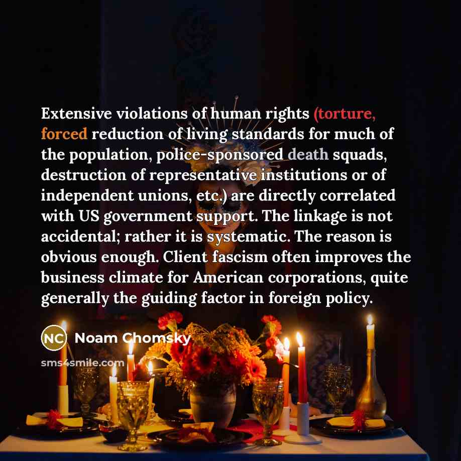 “Extensive violations of human rights (torture, forced reduction of living standards for much of the population, police-sponsored death squads, destruction of representative institutions or of independent unions, etc.) are directly correlated with US government support. The linkage is not…” quote by Noam Chomsky