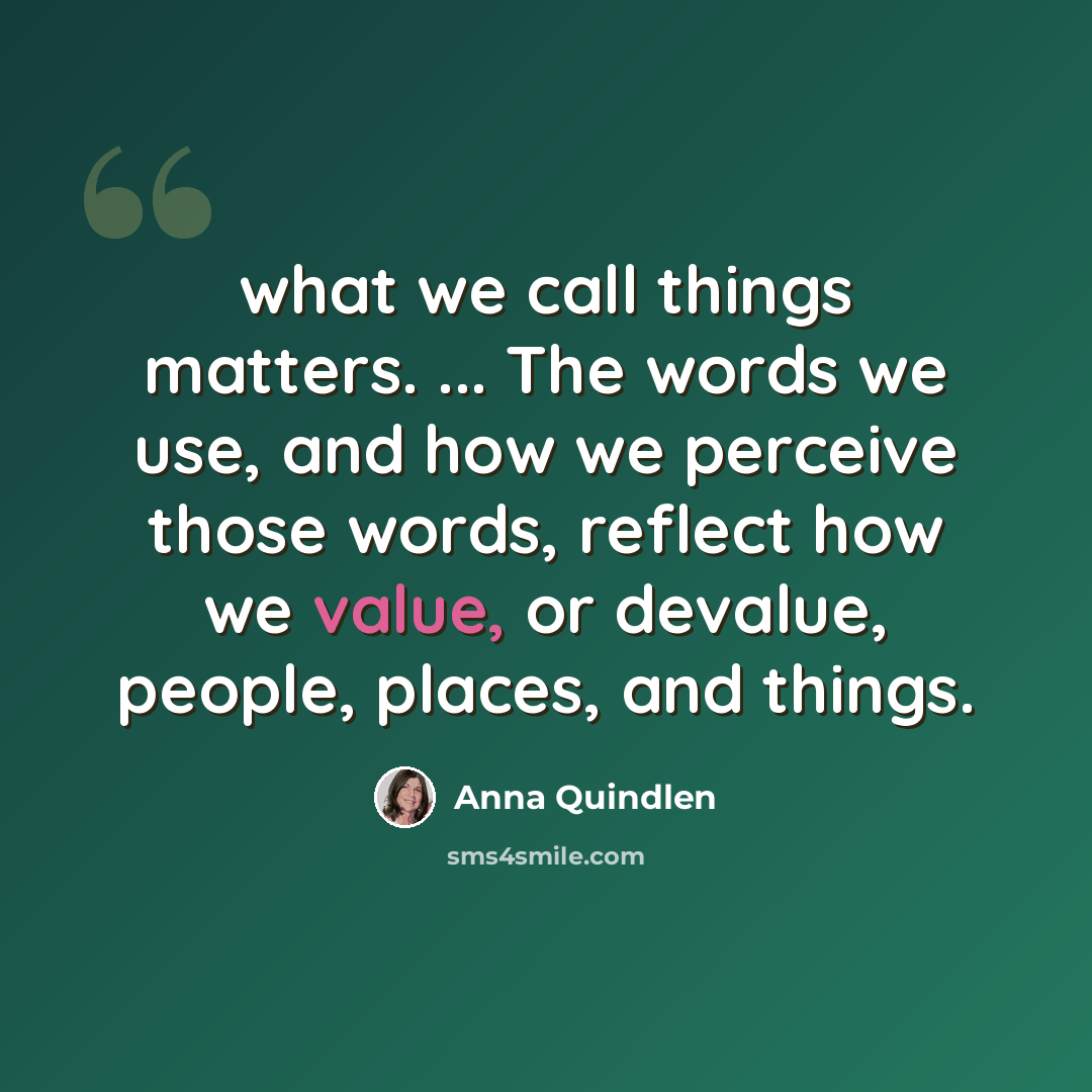 “what we call things matters. ... The words we use, and how we perceive those words, reflect how we value, or devalue, people, places, and things.” quote by Anna Quindlen