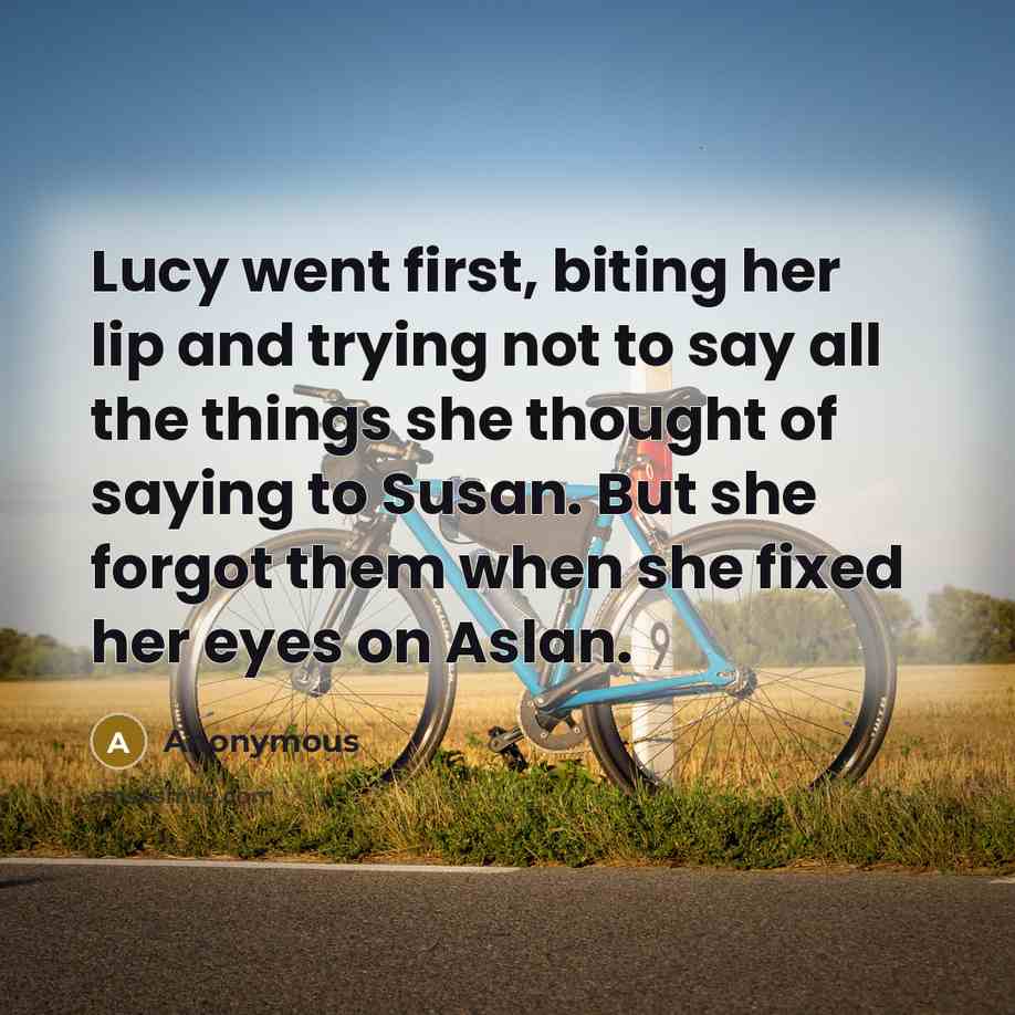 “Lucy went first, biting her lip and trying not to say all the things she thought of saying to Susan. But she forgot them when she fixed her eyes on Aslan.” quote by Anonymous
