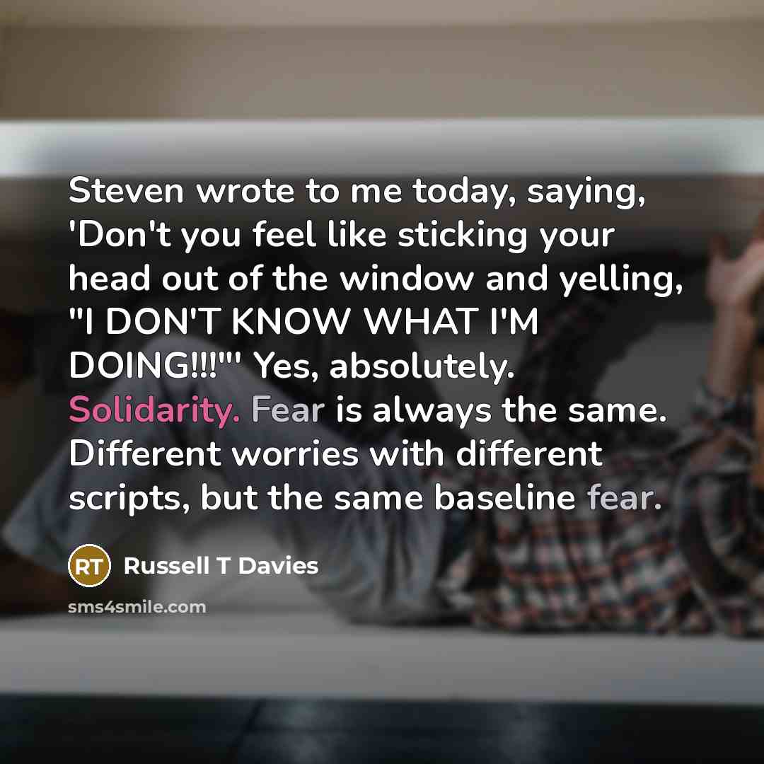 “Steven wrote to me today, saying, 'Don't you feel like sticking your head out of the window and yelling, "I DON'T KNOW WHAT I'M DOING!!!"' Yes, absolutely. Solidarity. Fear is always the same. Different worries with different scripts, but the same baseline fear.” quote by Russell T Davies