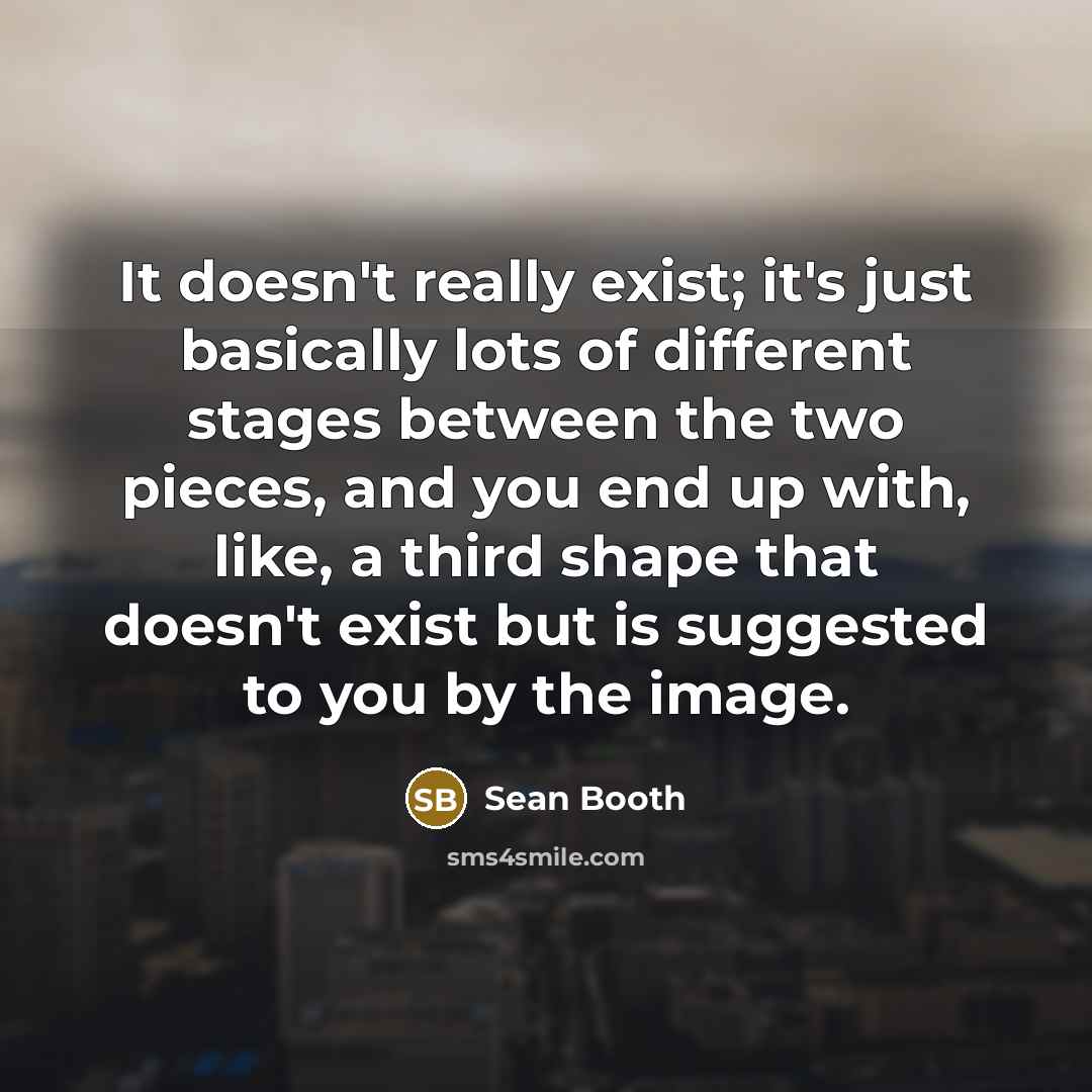 “It doesn't really exist; it's just basically lots of different stages between the two pieces, and you end up with, like, a third shape that doesn't exist but is suggested to you by the image.” quote by Sean Booth