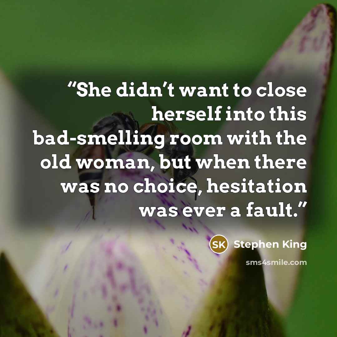 “She didn’t want to close herself into this bad-smelling room with the old woman, but when there was no choice, hesitation was ever a fault.” quote by Stephen King