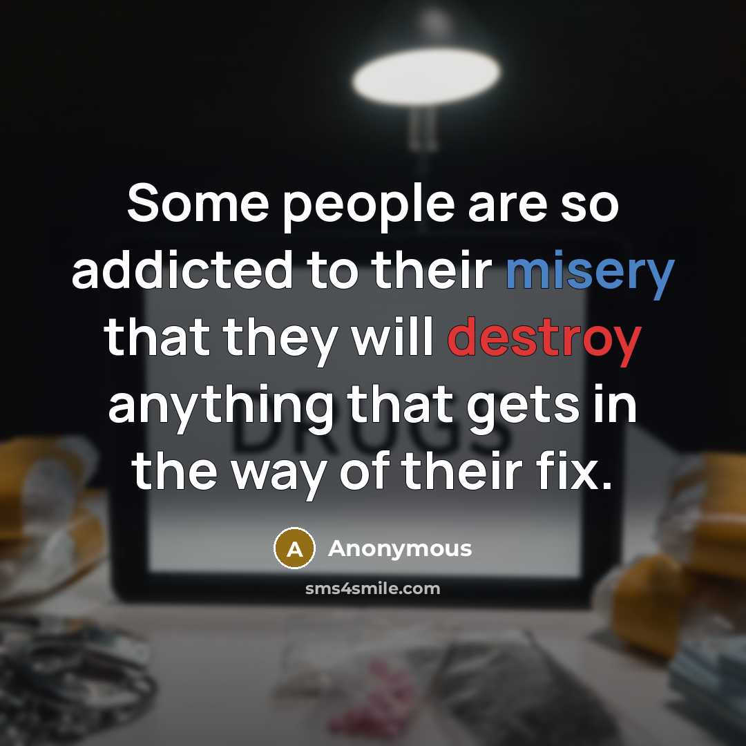 “Some people are so addicted to their misery that they will destroy anything that gets in the way of their fix.” quote by Anonymous