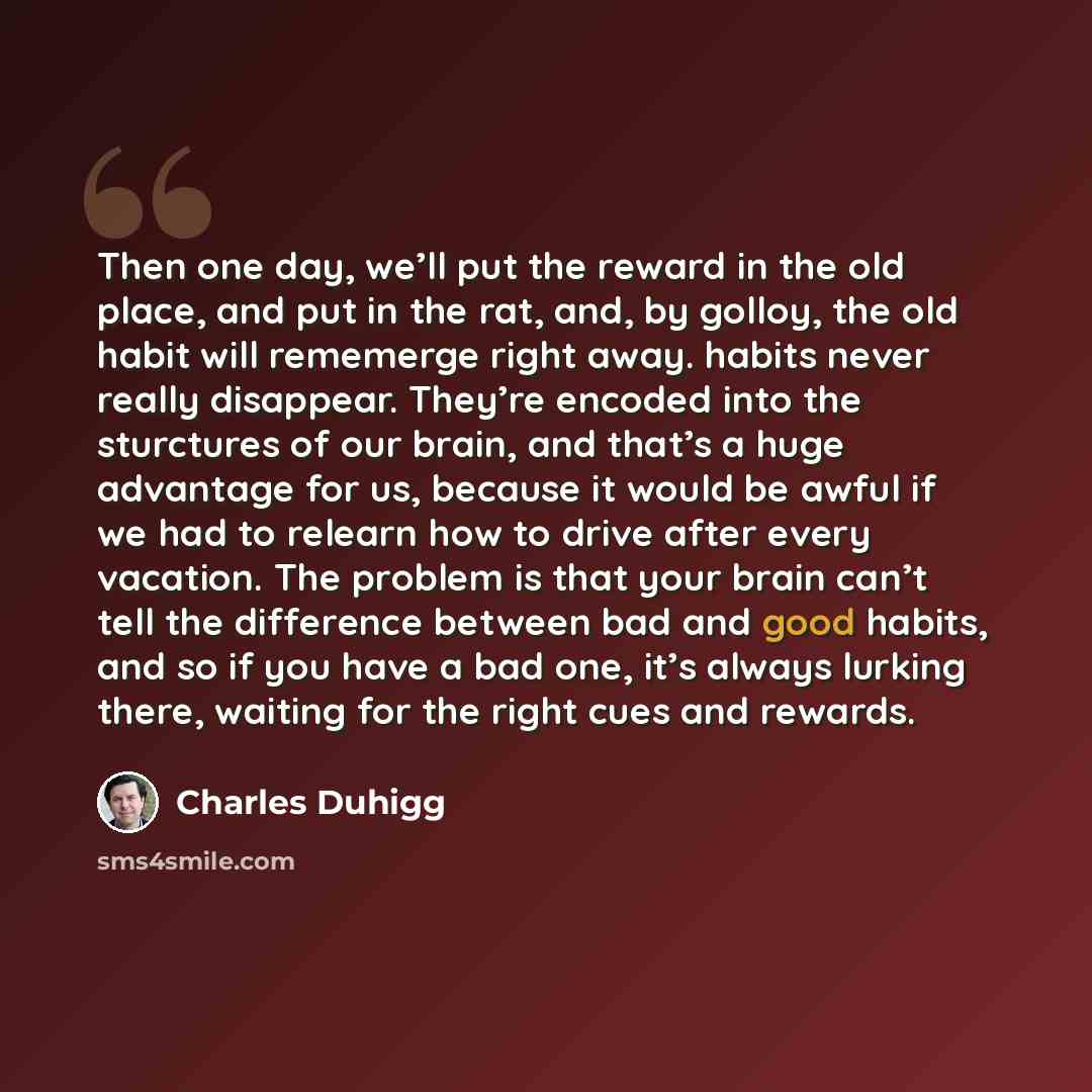 “Then one day, we’ll put the reward in the old place, and put in the rat, and, by golloy, the old habit will rememerge right away. habits never really disappear. They’re encoded into the sturctures of our brain, and that’s a huge advantage for us, because it would be awful if we had to relearn how…” quote by Charles Duhigg