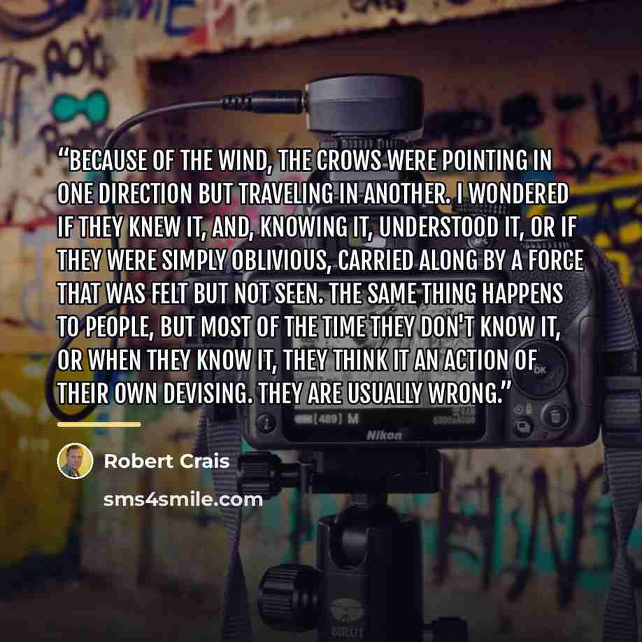 “Because of the wind, the crows were pointing in one direction but traveling in another. I wondered if they knew it, and, knowing it, understood it, or if they were simply oblivious, carried along by a force that was felt but not seen. The same thing happens to people, but most of the time they…” quote by Robert Crais