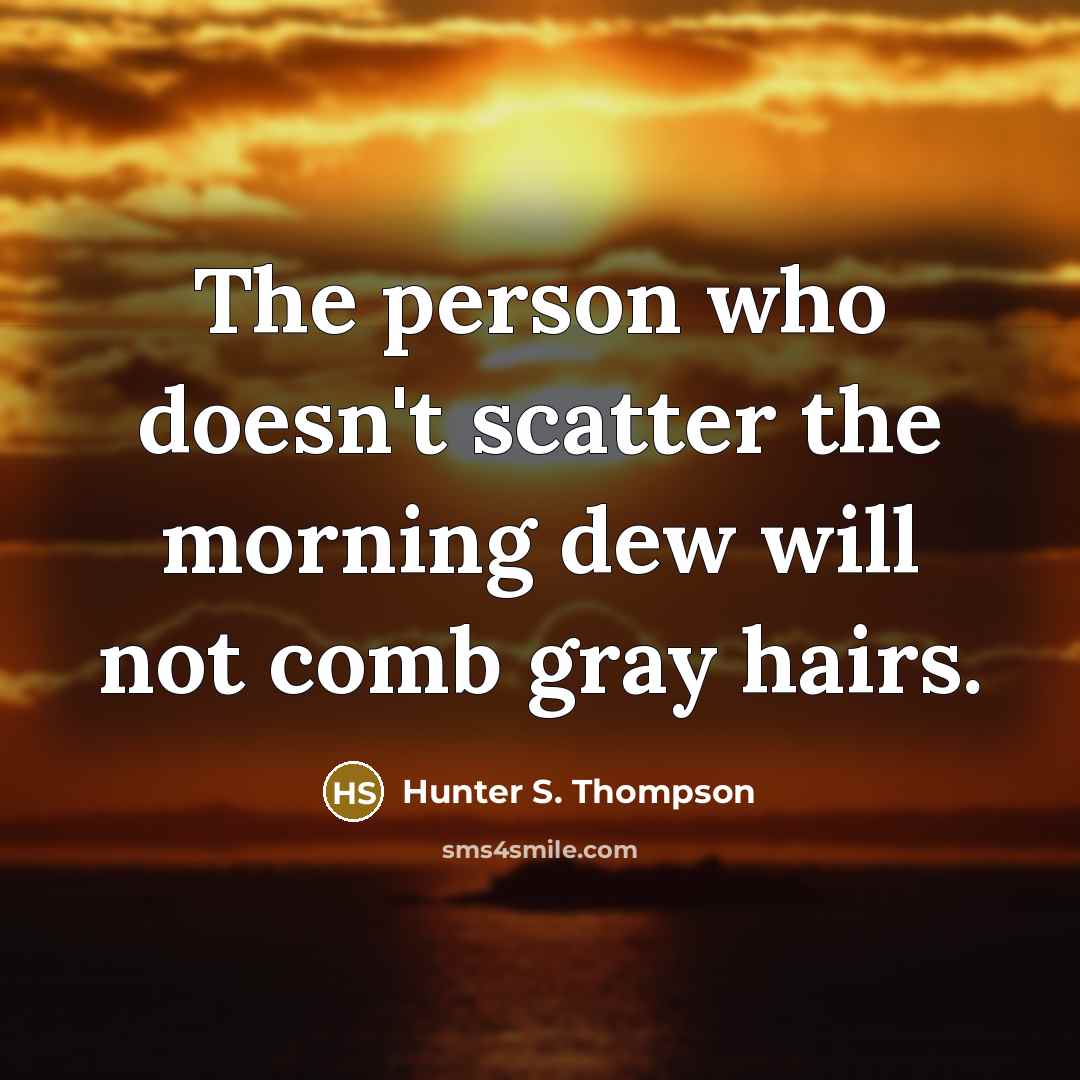 “The person who doesn't scatter the morning dew will not comb gray hairs.” quote by Hunter S. Thompson