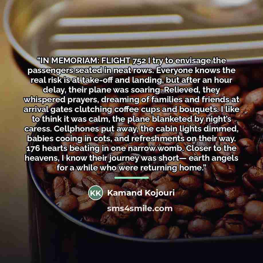 “IN MEMORIAM: FLIGHT 752 I try to envisage the passengers seated in neat rows. Everyone knows the real risk is at take-off and landing, but after an hour delay, their plane was soaring. Relieved, they whispered prayers, dreaming of families and friends at arrival gates clutching coffee cups and…” quote by Kamand Kojouri
