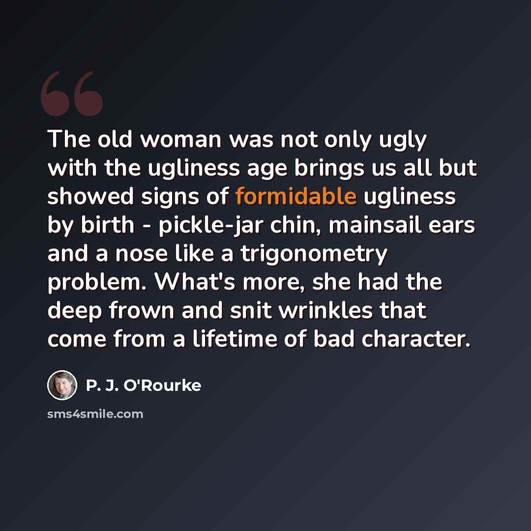 “The old woman was not only ugly with the ugliness age brings us all but showed signs of formidable ugliness by birth - pickle-jar chin, mainsail ears and a nose like a trigonometry problem. What's more, she had the deep frown and snit wrinkles that come from a lifetime of bad character.” quote by P. J. O'Rourke