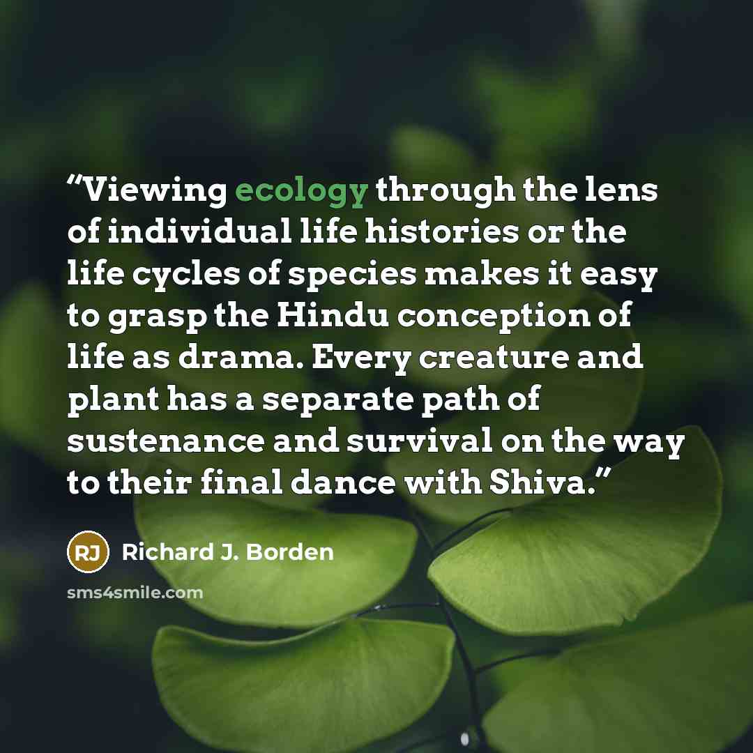 “Viewing ecology through the lens of individual life histories or the life cycles of species makes it easy to grasp the Hindu conception of life as drama. Every creature and plant has a separate path of sustenance and survival on the way to their final dance with Shiva.” quote by Richard J. Borden
