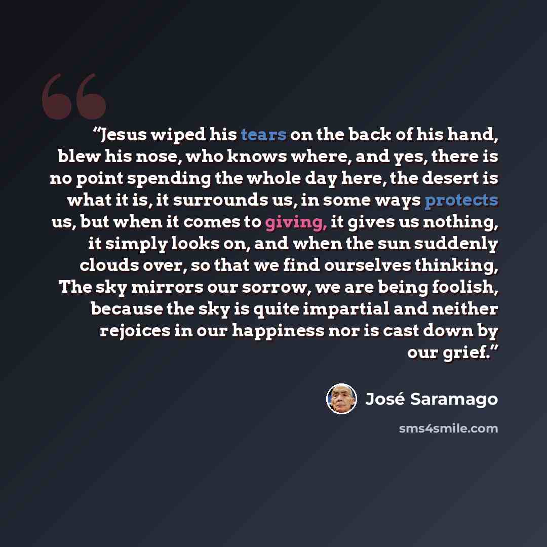 “Jesus wiped his tears on the back of his hand, blew his nose, who knows where, and yes, there is no point spending the whole day here, the desert is what it is, it surrounds us, in some ways protects us, but when it comes to giving, it gives us nothing, it simply looks on, and when the sun…” quote by José Saramago