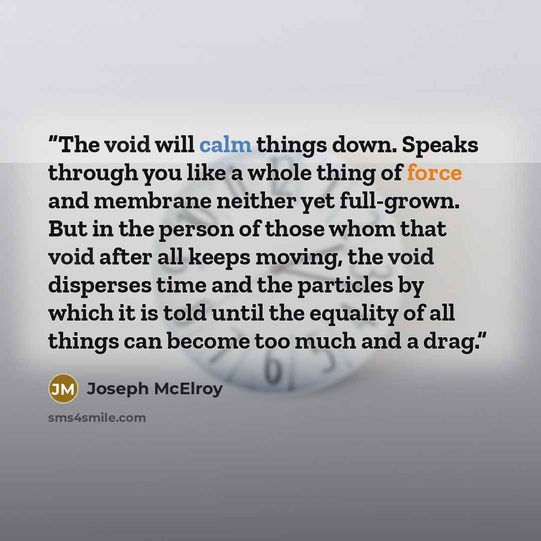“The void will calm things down. Speaks through you like a whole thing of force and membrane neither yet full-grown. But in the person of those whom that void after all keeps moving, the void disperses time and the particles by which it is told until the equality of all things can become too much…” quote by Joseph McElroy