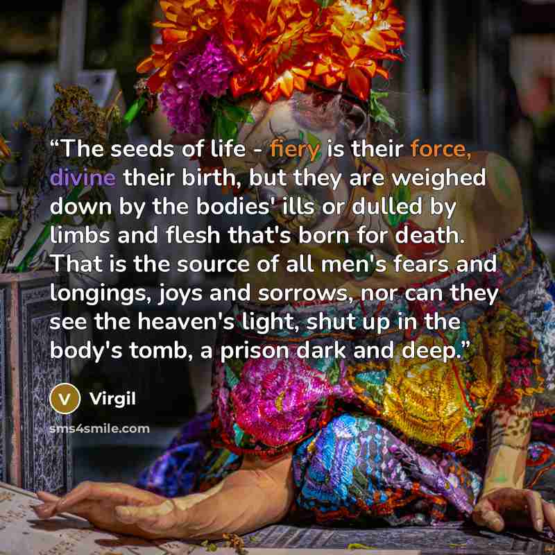“The seeds of life - fiery is their force, divine their birth, but they are weighed down by the bodies' ills or dulled by limbs and flesh that's born for death. That is the source of all men's fears and longings, joys and sorrows, nor can they see the heaven's light, shut up in the body's tomb, a…” quote by Virgil