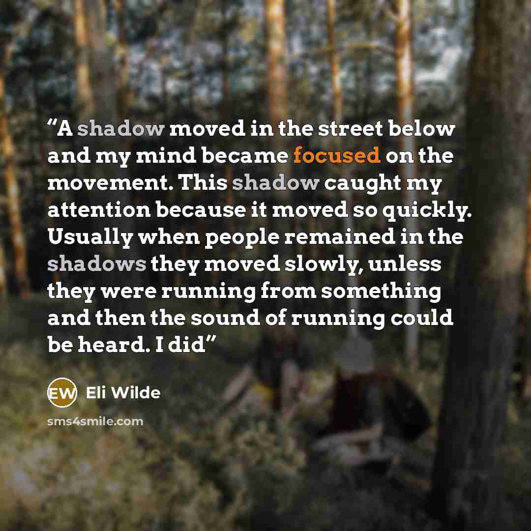 “A shadow moved in the street below and my mind became focused on the movement. This shadow caught my attention because it moved so quickly. Usually when people remained in the shadows they moved slowly, unless they were running from something and then the sound of running could be heard. I did” quote by Eli Wilde