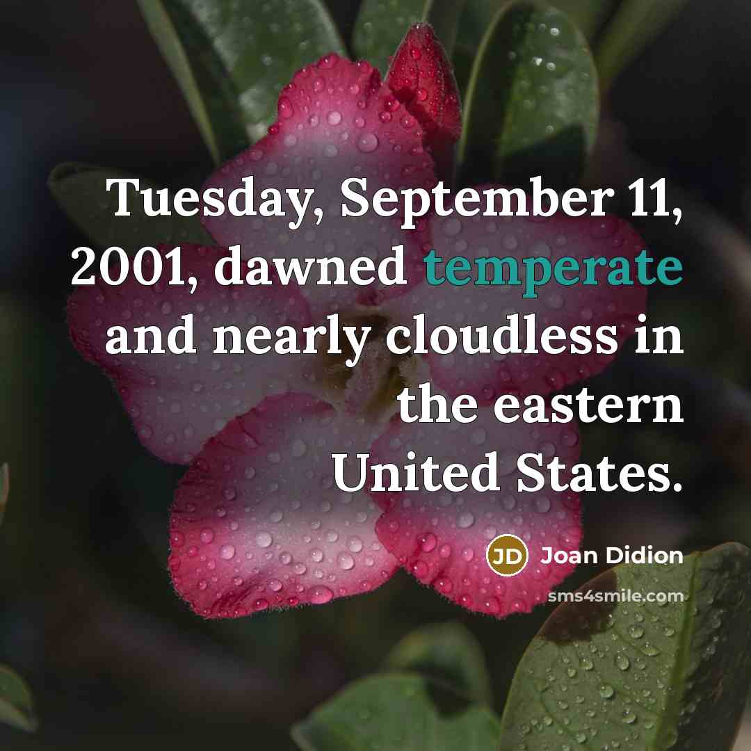“Tuesday, September 11, 2001, dawned temperate and nearly cloudless in the eastern United States.” quote by Joan Didion