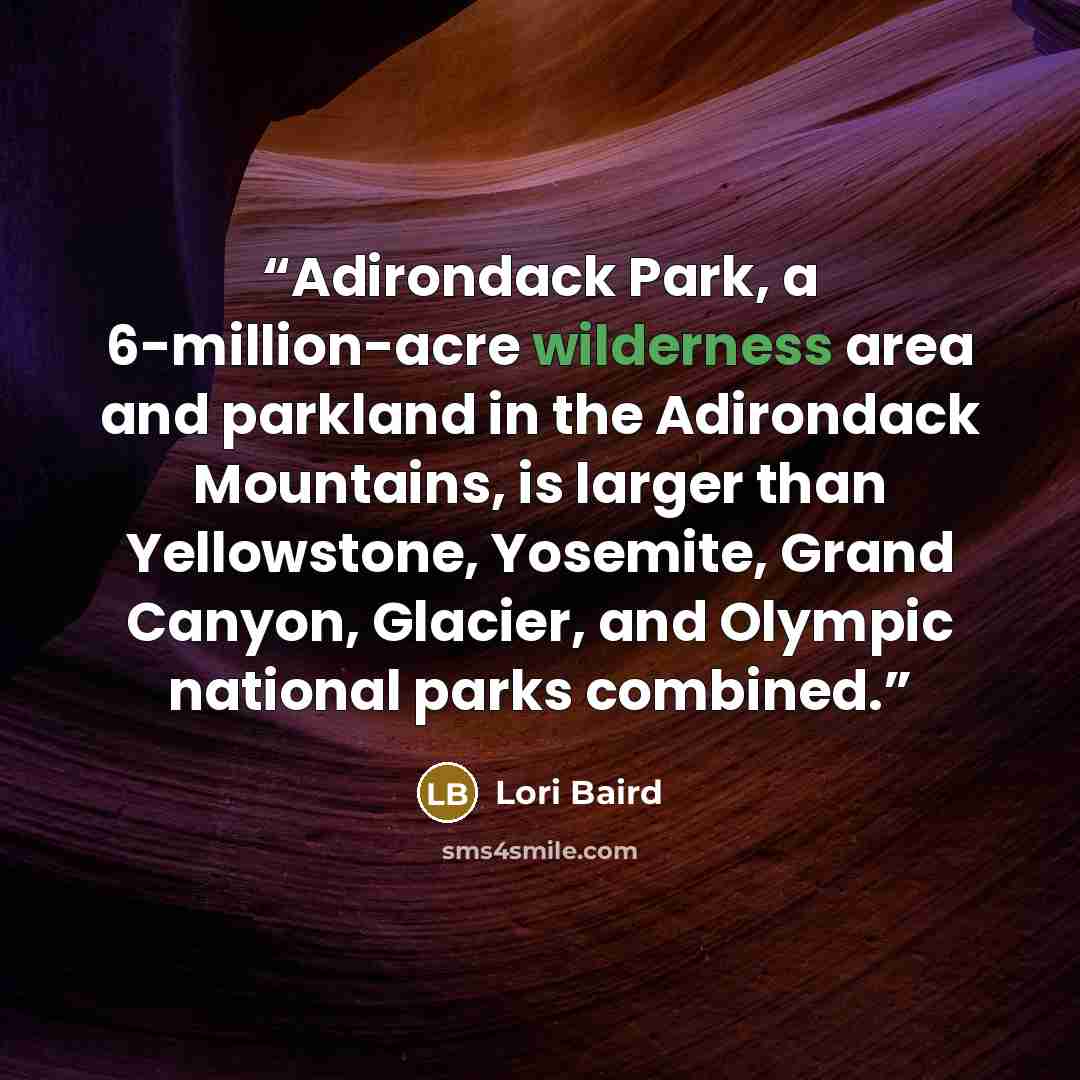 “Adirondack Park, a 6-million-acre wilderness area and parkland in the Adirondack Mountains, is larger than Yellowstone, Yosemite, Grand Canyon, Glacier, and Olympic national parks combined.” quote by Lori Baird