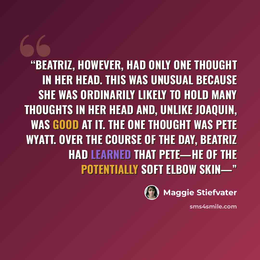“Beatriz, however, had only one thought in her head. This was unusual because she was ordinarily likely to hold many thoughts in her head and, unlike Joaquin, was good at it. The one thought was Pete Wyatt. Over the course of the day, Beatriz had learned that Pete—he of the potentially soft elbow…” quote by Maggie Stiefvater