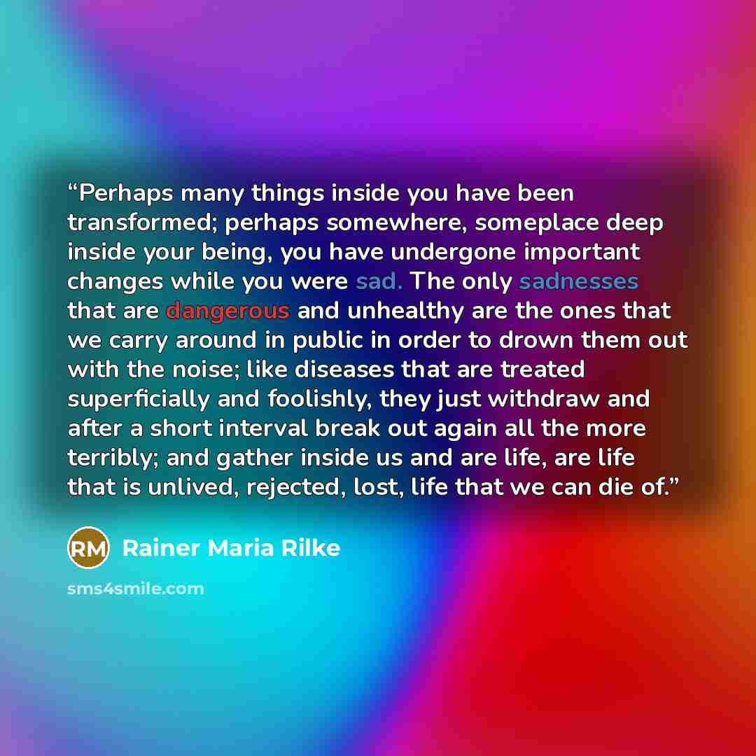 “Perhaps many things inside you have been transformed; perhaps somewhere, someplace deep inside your being, you have undergone important changes while you were sad. The only sadnesses that are dangerous and unhealthy are the ones that we carry around in public in order to drown them out with the…” quote by Rainer Maria Rilke