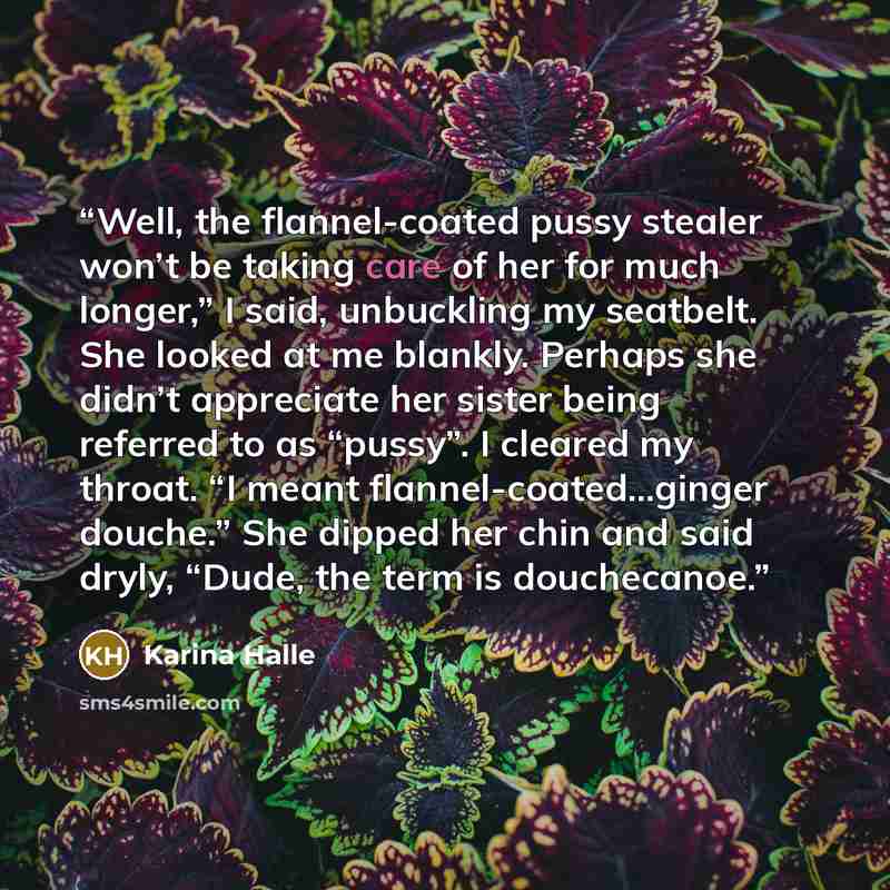 “Well, the flannel-coated pussy stealer won’t be taking care of her for much longer,” I said, unbuckling my seatbelt. She looked at me blankly. Perhaps she didn’t appreciate her sister being referred to as “pussy”. I cleared my throat. “I meant flannel-coated…ginger douche.” She dipped her chin and…” quote by Karina Halle