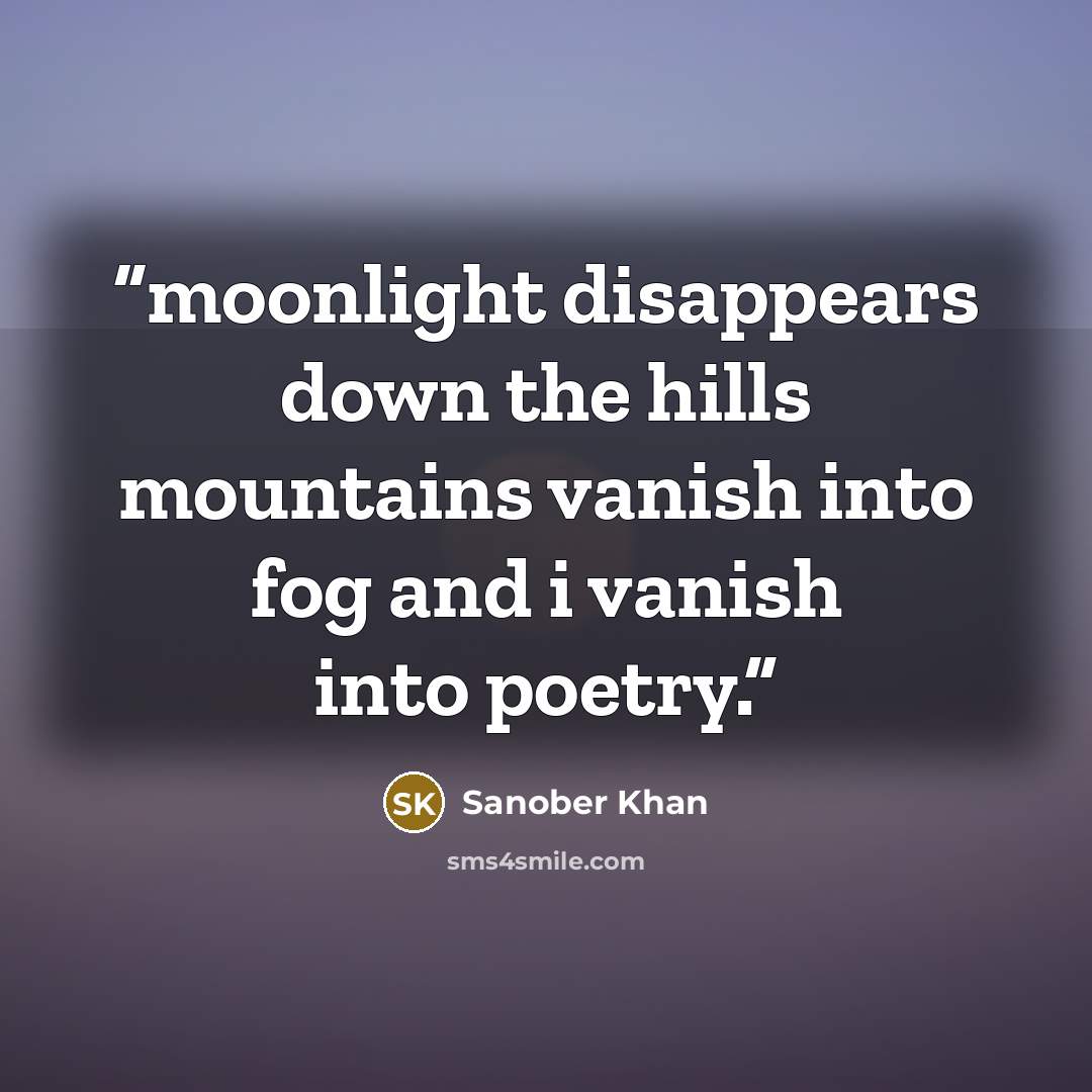 “moonlight disappears down the hills mountains vanish into fog and i vanish into poetry.” quote by Sanober Khan
