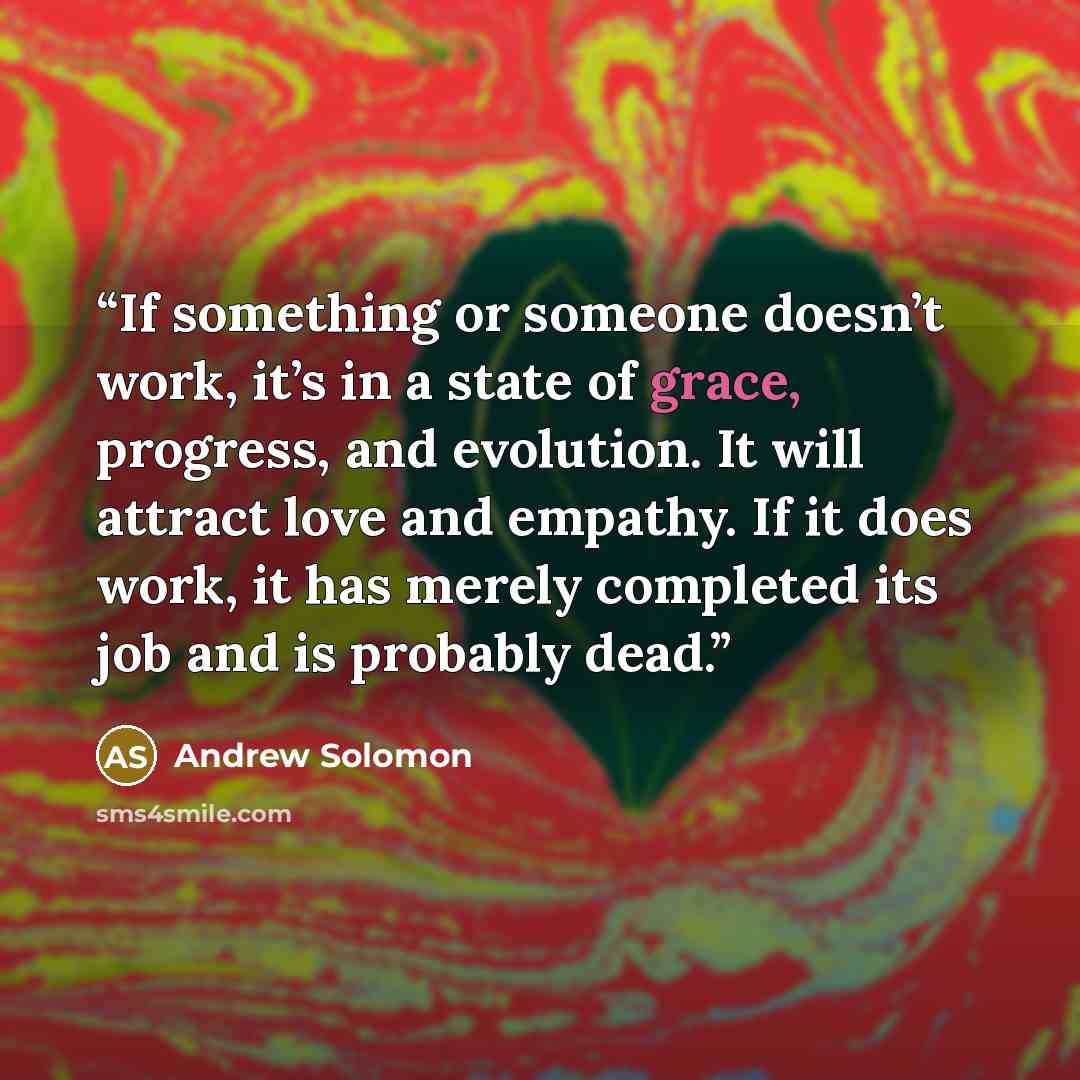 “If something or someone doesn’t work, it’s in a state of grace, progress, and evolution. It will attract love and empathy. If it does work, it has merely completed its job and is probably dead.” quote by Andrew Solomon
