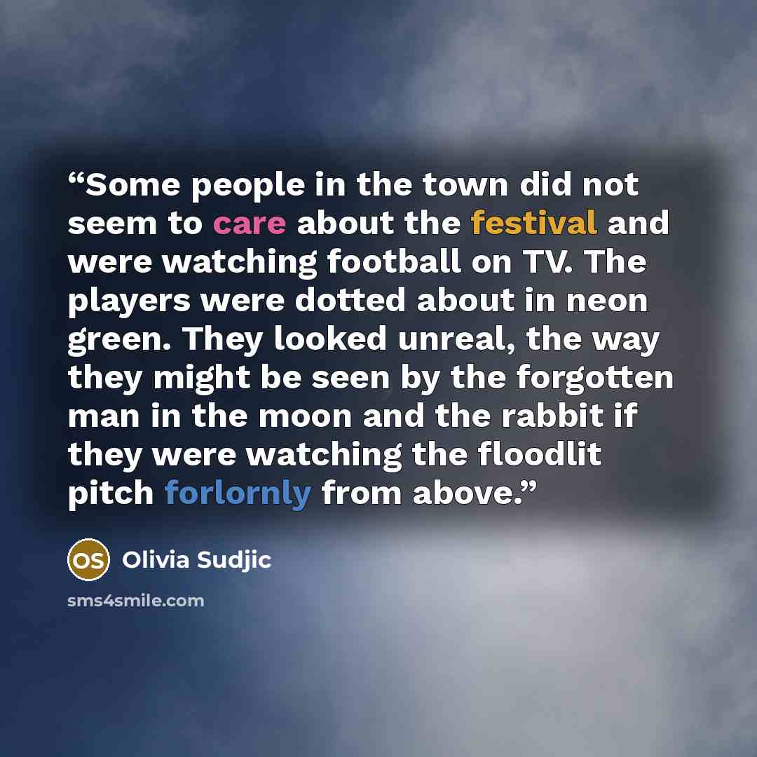 “Some people in the town did not seem to care about the festival and were watching football on TV. The players were dotted about in neon green. They looked unreal, the way they might be seen by the forgotten man in the moon and the rabbit if they were watching the floodlit pitch forlornly from above.” quote by Olivia Sudjic