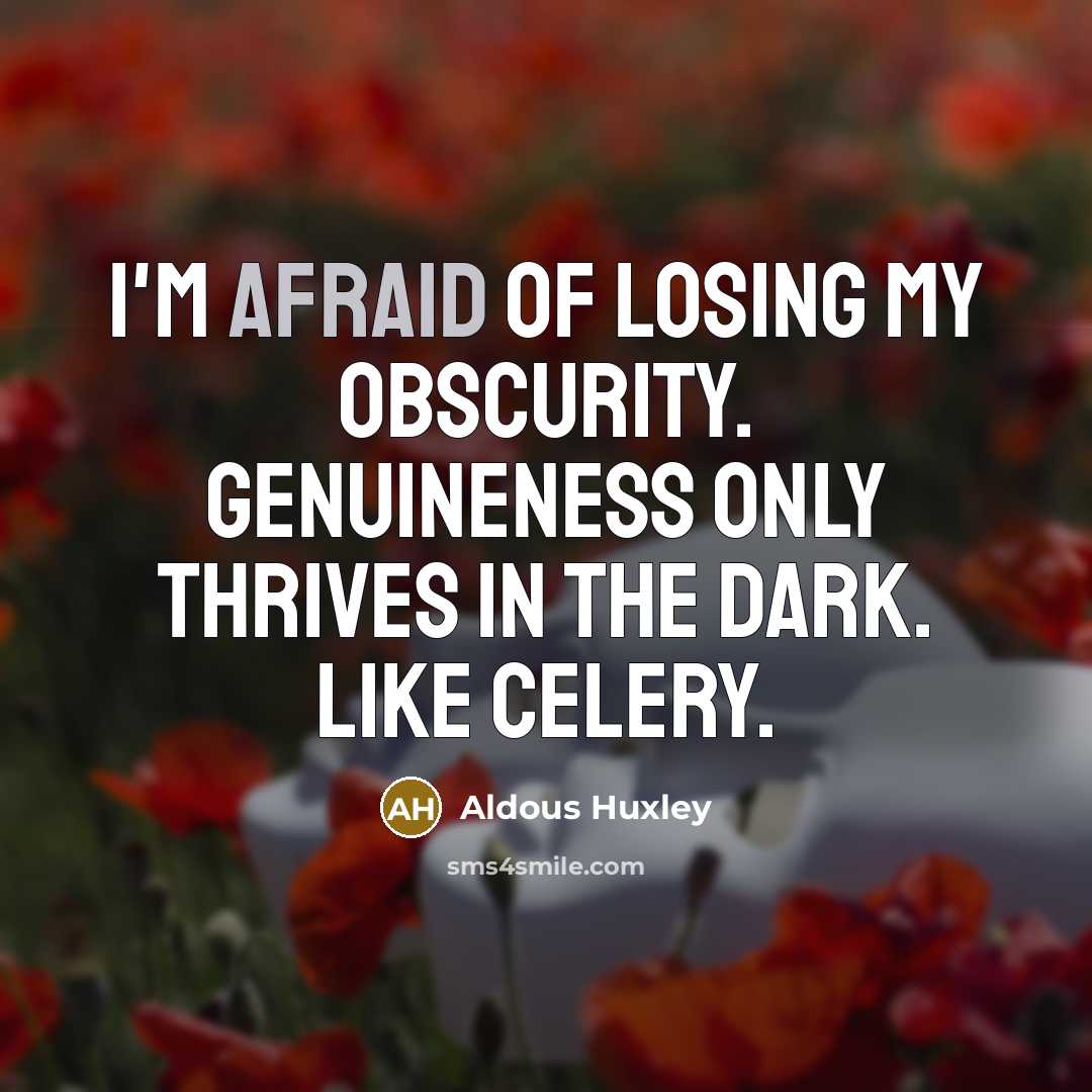 “I'm afraid of losing my obscurity. Genuineness only thrives in the dark. Like celery.” quote by Aldous Huxley