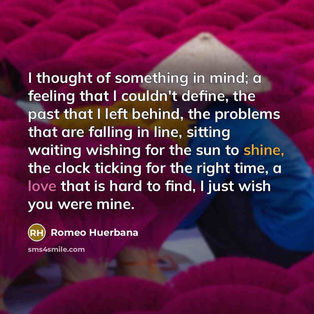 “I thought of something in mind; a feeling that I couldn't define, the past that I left behind, the problems that are falling in line, sitting waiting wishing for the sun to shine, the clock ticking for the right time, a love that is hard to find, I just wish you were mine.” quote by Romeo Huerbana