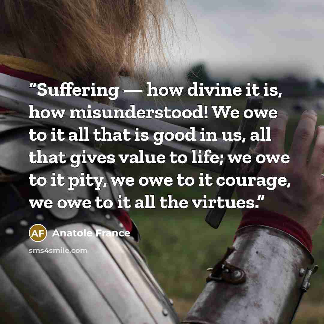 “Suffering — how divine it is, how misunderstood! We owe to it all that is good in us, all that gives value to life; we owe to it pity, we owe to it courage, we owe to it all the virtues.” quote by Anatole France