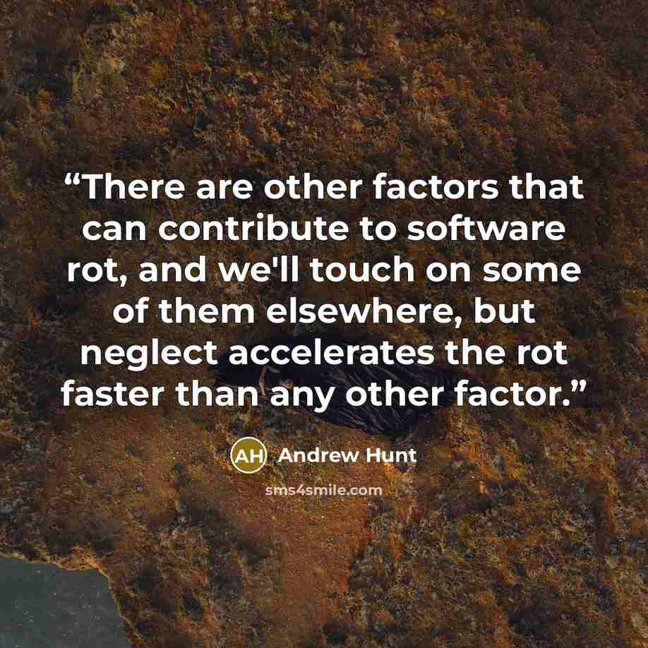 “There are other factors that can contribute to software rot, and we'll touch on some of them elsewhere, but neglect accelerates the rot faster than any other factor.” quote by Andrew Hunt