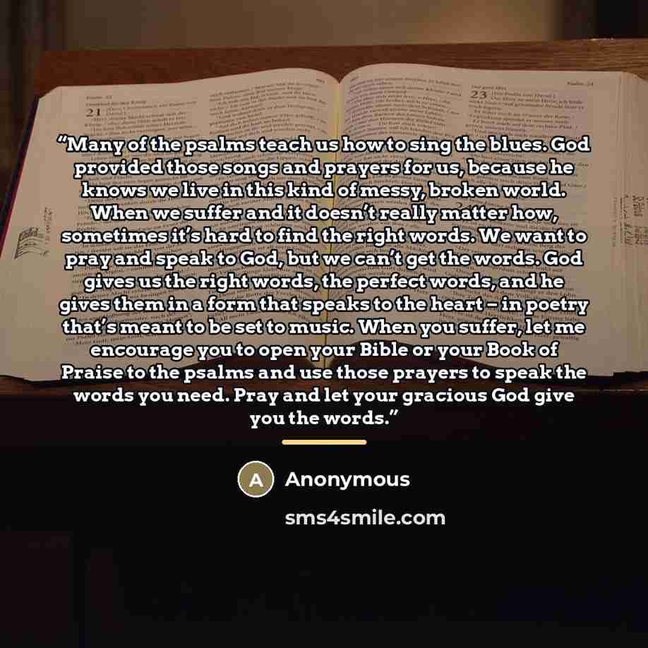 “Many of the psalms teach us how to sing the blues. God provided those songs and prayers for us, because he knows we live in this kind of messy, broken world. When we suffer and it doesn’t really matter how, sometimes it’s hard to find the right words. We want to pray and speak to God, but we can’t…” quote by Anonymous