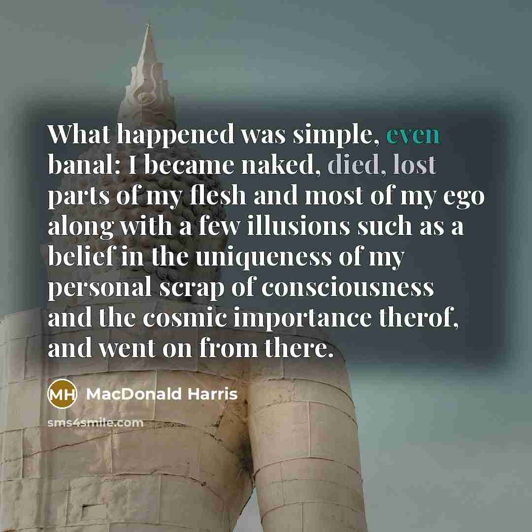 “What happened was simple, even banal: I became naked, died, lost parts of my flesh and most of my ego along with a few illusions such as a belief in the uniqueness of my personal scrap of consciousness and the cosmic importance therof, and went on from there.” quote by MacDonald Harris
