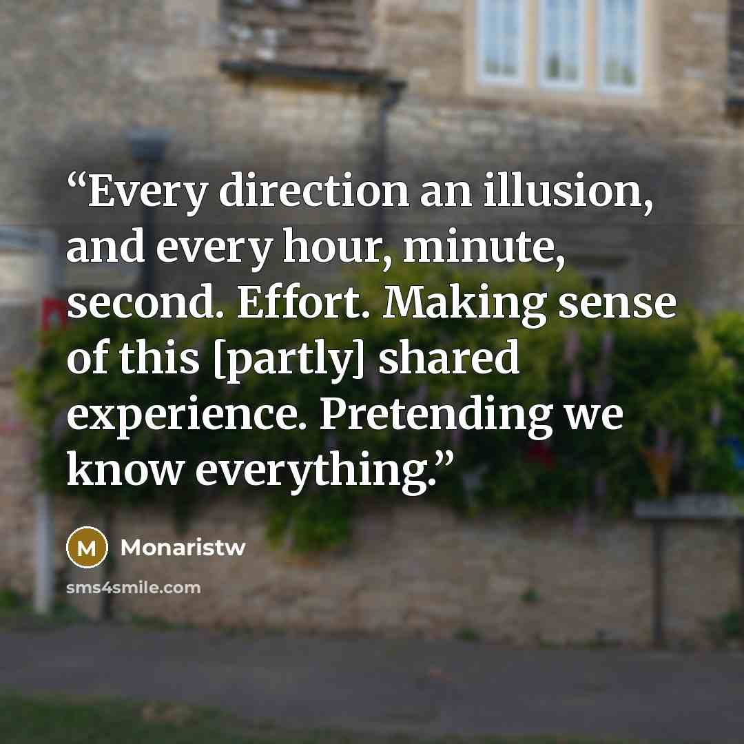 “Every direction an illusion, and every hour, minute, second. Effort. Making sense of this [partly] shared experience. Pretending we know everything.” quote by Monaristw