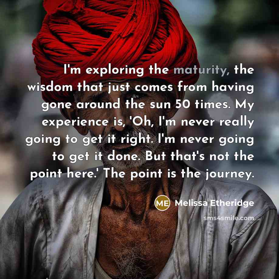 “I'm exploring the maturity, the wisdom that just comes from having gone around the sun 50 times. My experience is, 'Oh, I'm never really going to get it right. I'm never going to get it done. But that's not the point here.' The point is the journey.” quote by Melissa Etheridge