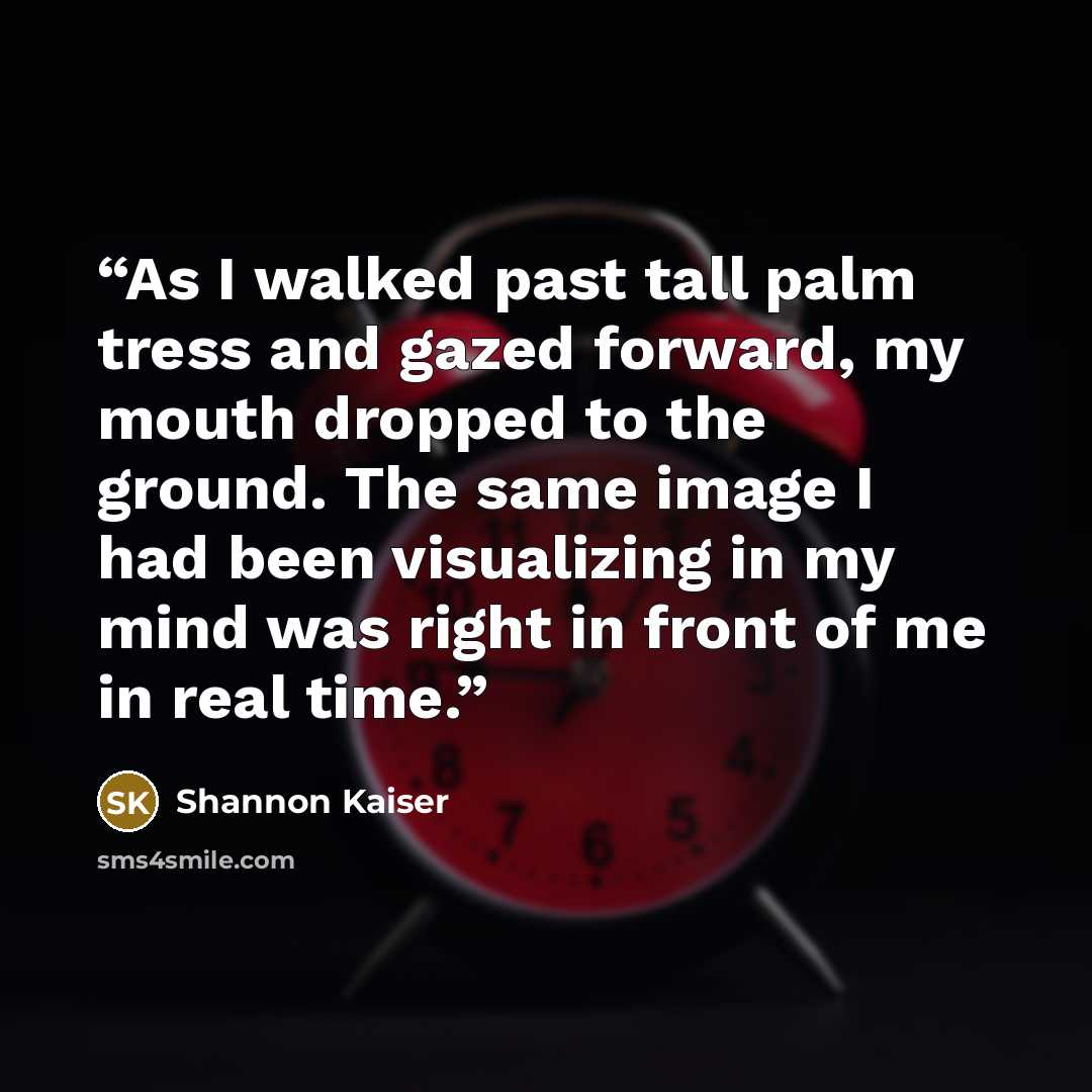 “As I walked past tall palm tress and gazed forward, my mouth dropped to the ground. The same image I had been visualizing in my mind was right in front of me in real time.” quote by Shannon Kaiser