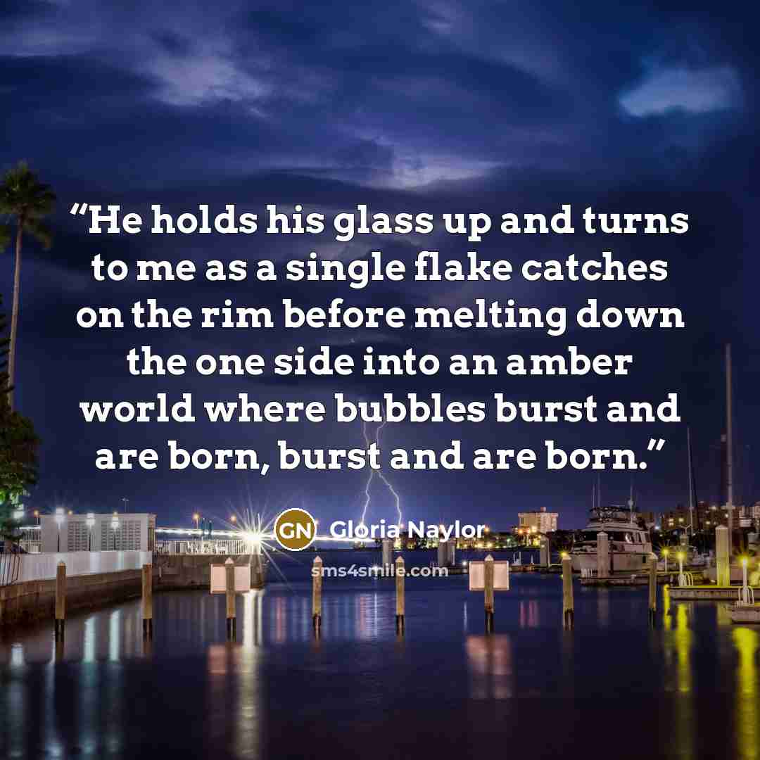 “He holds his glass up and turns to me as a single flake catches on the rim before melting down the one side into an amber world where bubbles burst and are born, burst and are born.” quote by Gloria Naylor