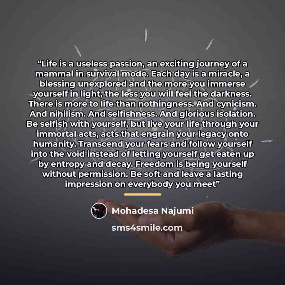 “Life is a useless passion, an exciting journey of a mammal in survival mode. Each day is a miracle, a blessing unexplored and the more you immerse yourself in light, the less you will feel the darkness. There is more to life than nothingness. And cynicism. And nihilism. And selfishness. And…” quote by Mohadesa Najumi