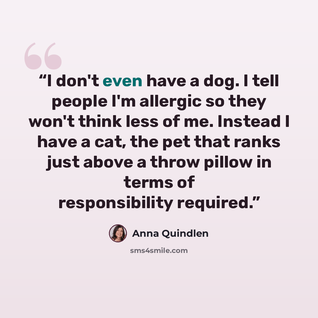 “I don't even have a dog. I tell people I'm allergic so they won't think less of me. Instead I have a cat, the pet that ranks just above a throw pillow in terms of responsibility required.” quote by Anna Quindlen