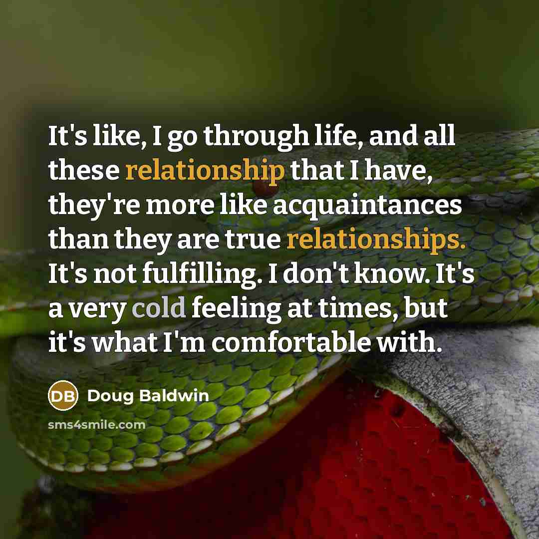 “It's like, I go through life, and all these relationship that I have, they're more like acquaintances than they are true relationships. It's not fulfilling. I don't know. It's a very cold feeling at times, but it's what I'm comfortable with.” quote by Doug Baldwin