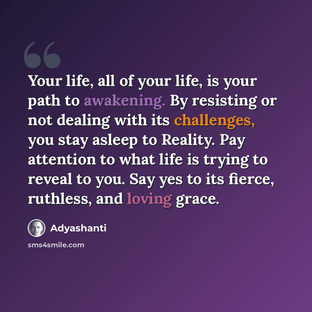 “Your life, all of your life, is your path to awakening. By resisting or not dealing with its challenges, you stay asleep to Reality. Pay attention to what life is trying to reveal to you. Say yes to its fierce, ruthless, and loving grace.” quote by Adyashanti