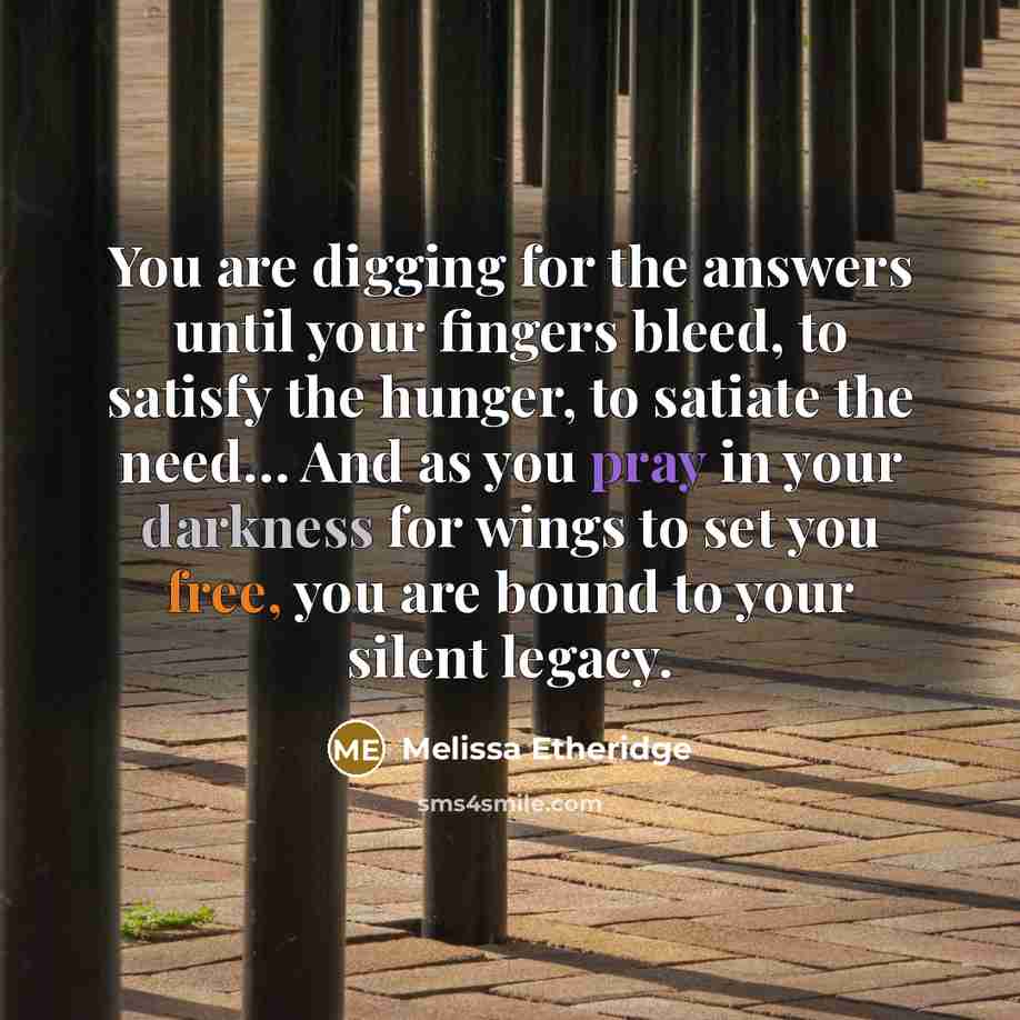 “You are digging for the answers until your fingers bleed, to satisfy the hunger, to satiate the need… And as you pray in your darkness for wings to set you free, you are bound to your silent legacy.” quote by Melissa Etheridge