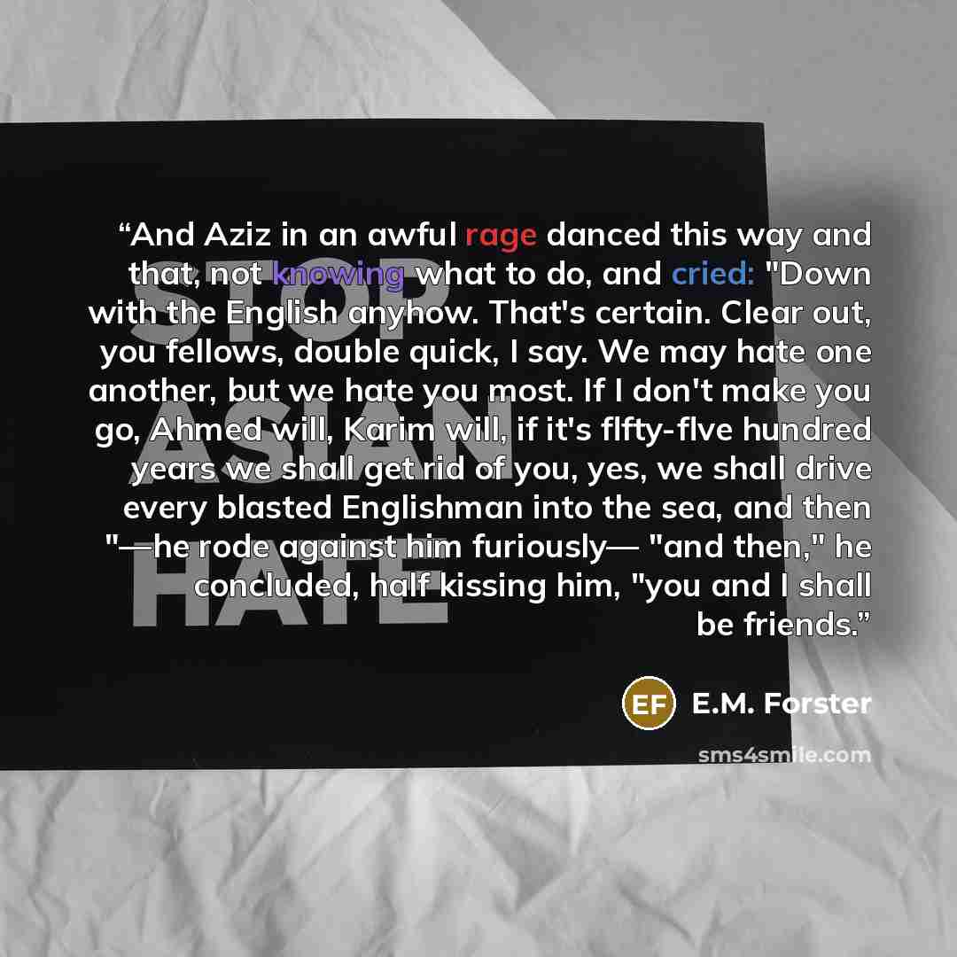 “And Aziz in an awful rage danced this way and that, not knowing what to do, and cried: "Down with the English anyhow. That's certain. Clear out, you fellows, double quick, I say. We may hate one another, but we hate you most. If I don't make you go, Ahmed will, Karim will, if it's flfty-flve…” quote by E.M. Forster