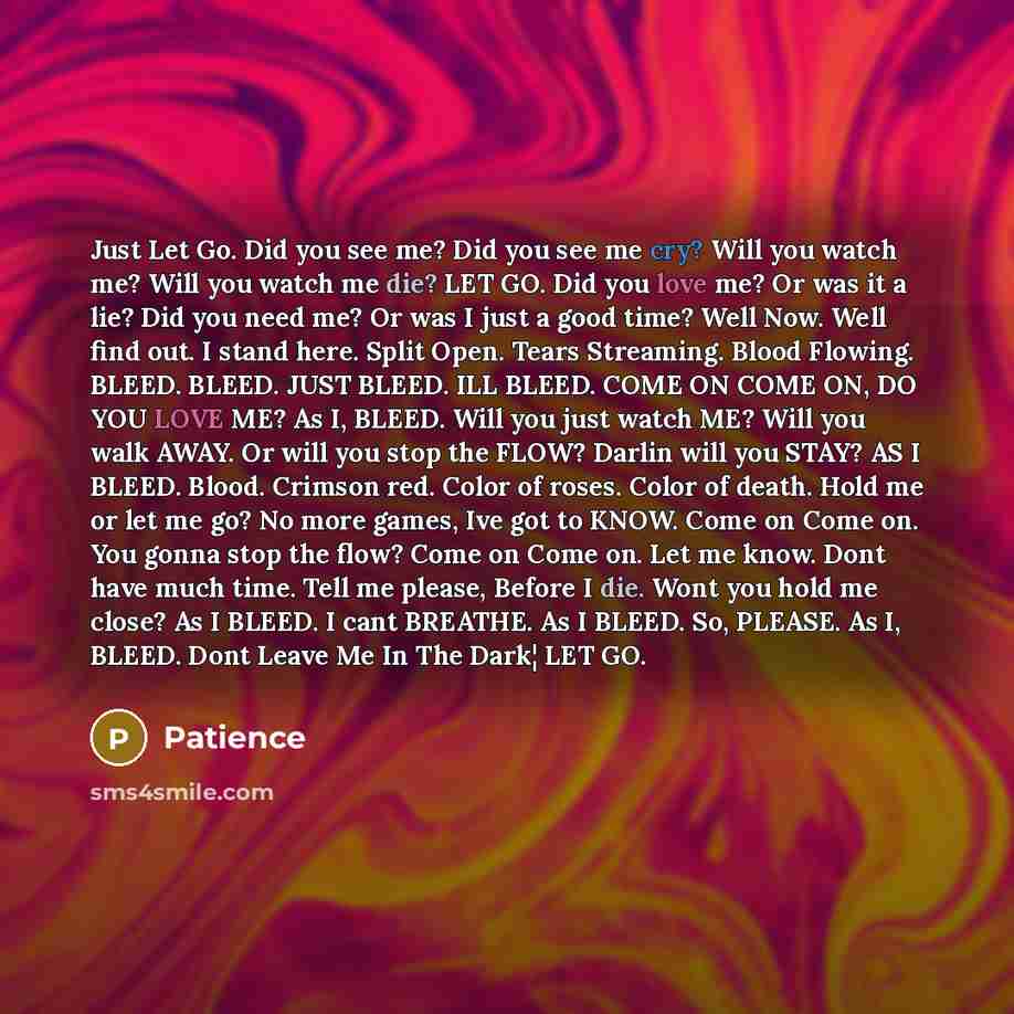 “Just Let Go. Did you see me? Did you see me cry? Will you watch me? Will you watch me die? LET GO. Did you love me? Or was it a lie? Did you need me? Or was I just a good time? Well Now. Well find out. I stand here. Split Open. Tears Streaming. Blood Flowing. BLEED. BLEED. JUST BLEED. ILL BLEED…” quote by Patience