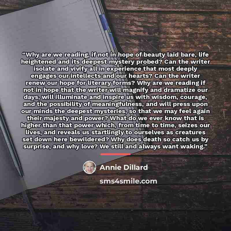 “Why are we reading, if not in hope of beauty laid bare, life heightened and its deepest mystery probed? Can the writer isolate and vivify all in experience that most deeply engages our intellects and our hearts? Can the writer renew our hope for literary forms? Why are we reading if not in hope…” quote by Annie Dillard