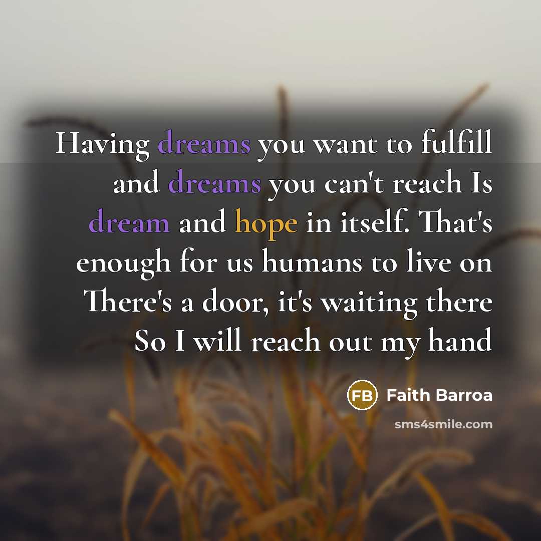 “Having dreams you want to fulfill and dreams you can't reach Is dream and hope in itself. That's enough for us humans to live on There's a door, it's waiting there So I will reach out my hand” quote by Faith Barroa