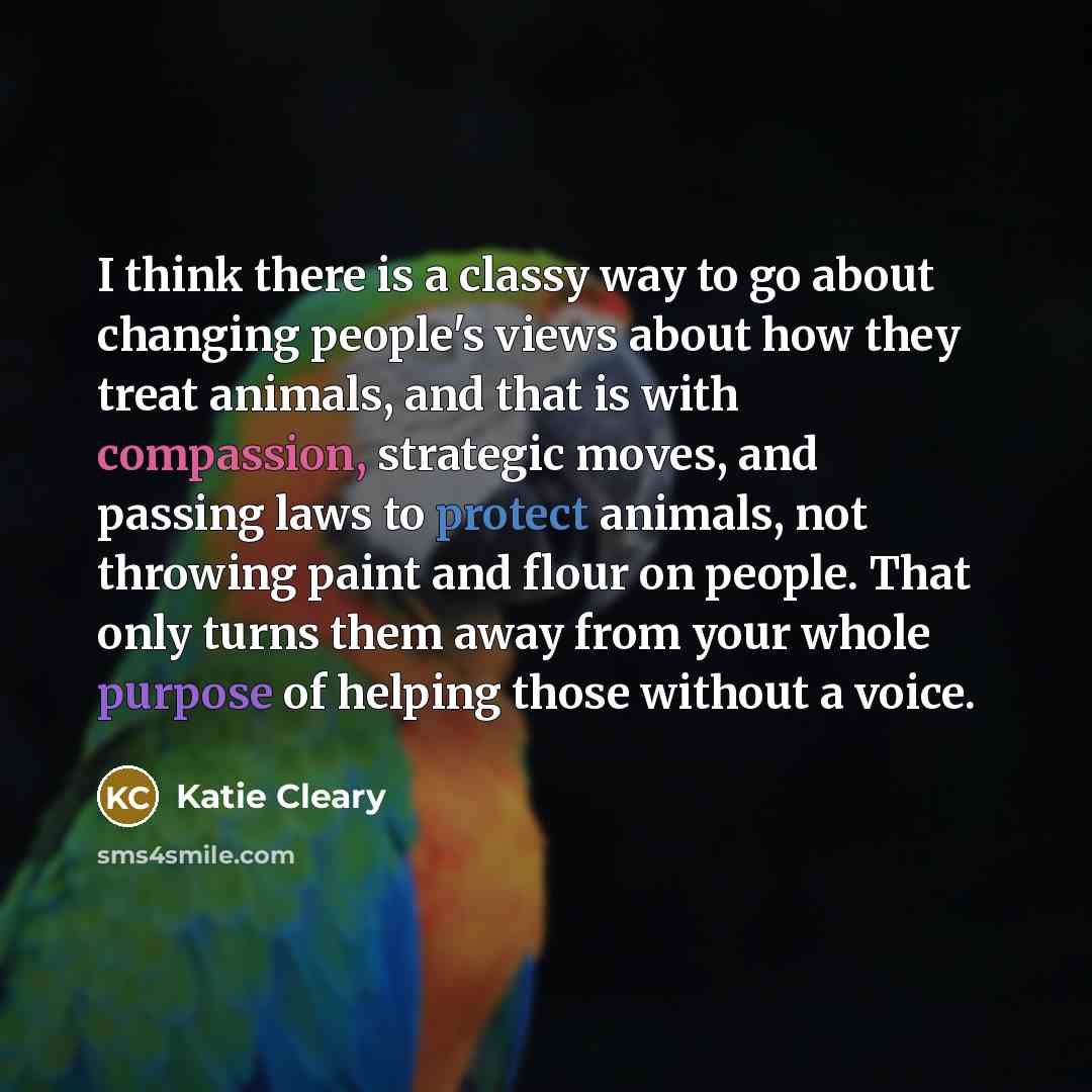 “I think there is a classy way to go about changing people's views about how they treat animals, and that is with compassion, strategic moves, and passing laws to protect animals, not throwing paint and flour on people. That only turns them away from your whole purpose of helping those without a…” quote by Katie Cleary