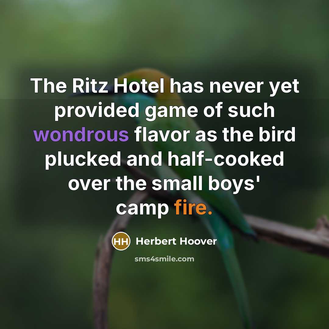 “The Ritz Hotel has never yet provided game of such wondrous flavor as the bird plucked and half-cooked over the small boys' camp fire.” quote by Herbert Hoover