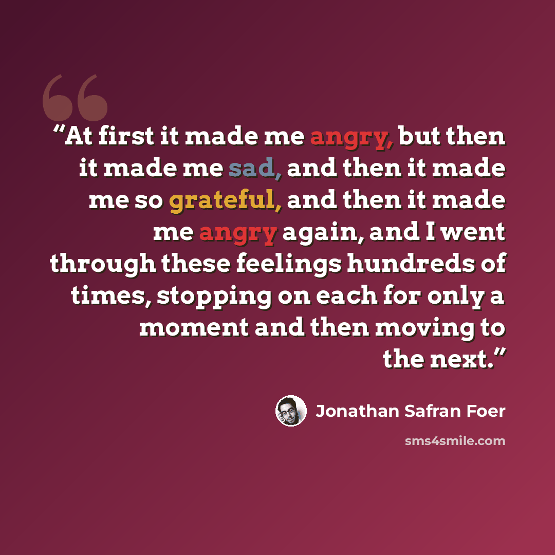 “At first it made me angry, but then it made me sad, and then it made me so grateful, and then it made me angry again, and I went through these feelings hundreds of times, stopping on each for only a moment and then moving to the next.” quote by Jonathan Safran Foer